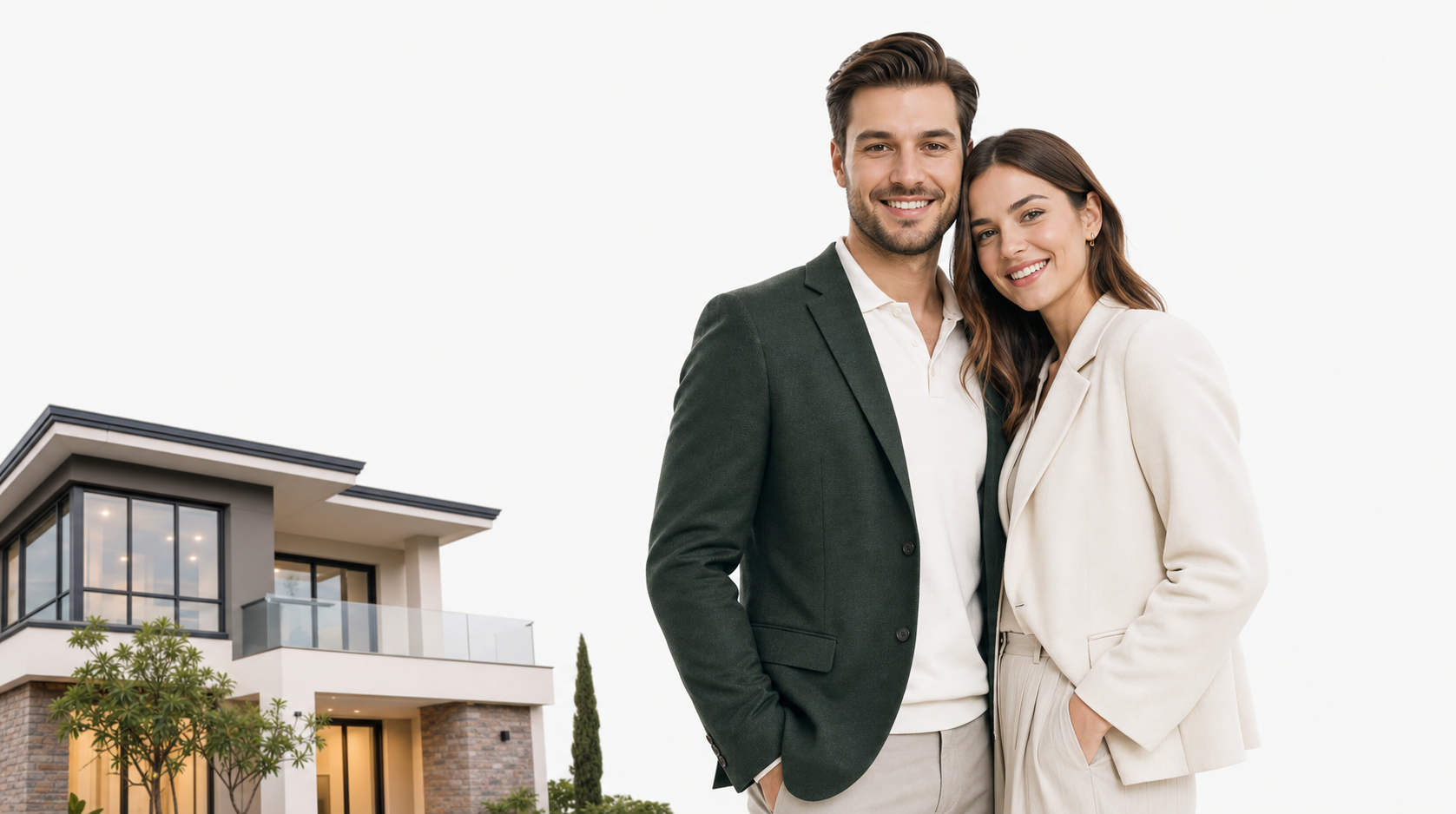 Yeni evini bulan mutlu çift ve modern konut